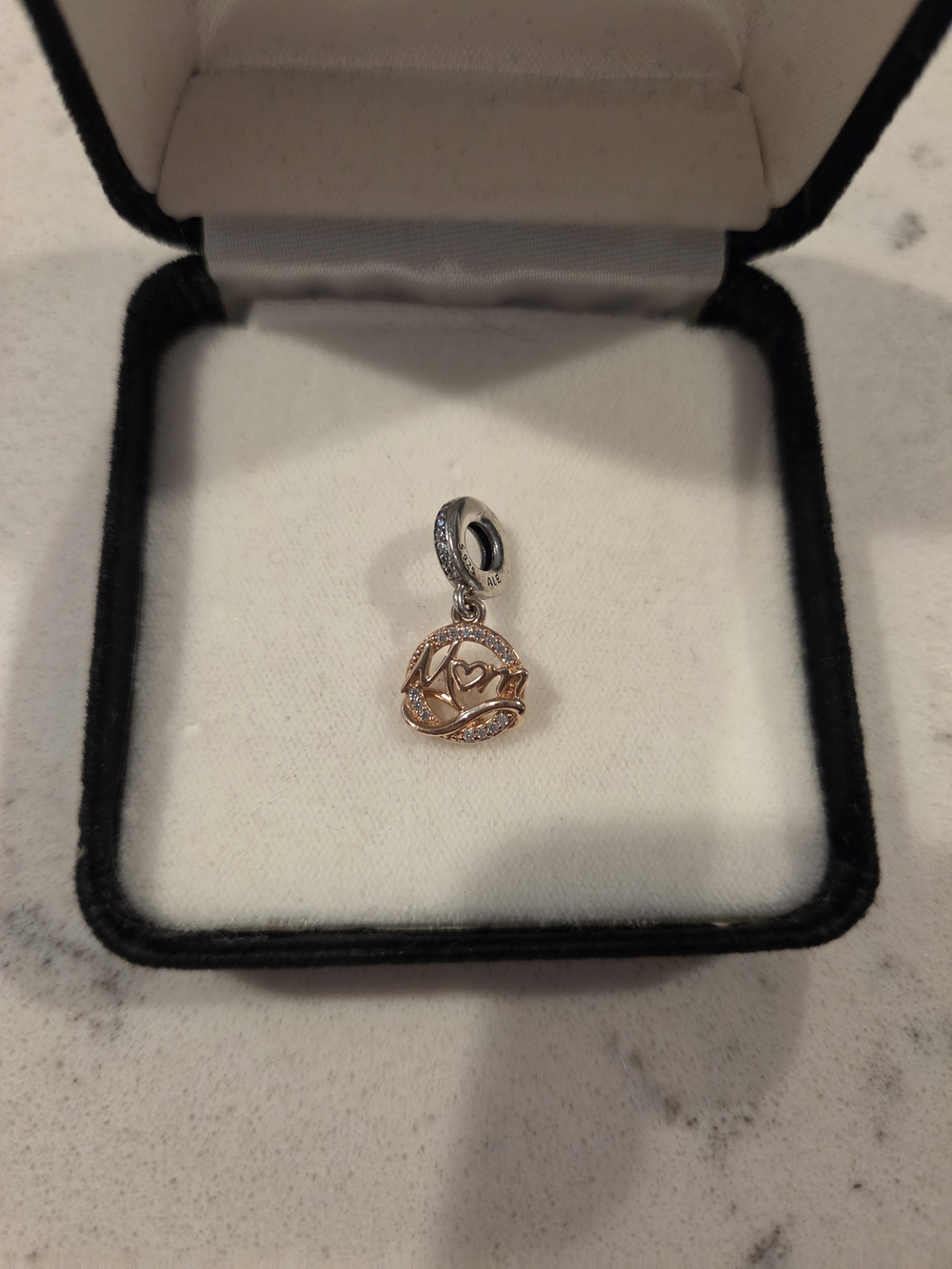 Pandora Rose Gold Heart Ribbon Dangle Charm with Silver Bail